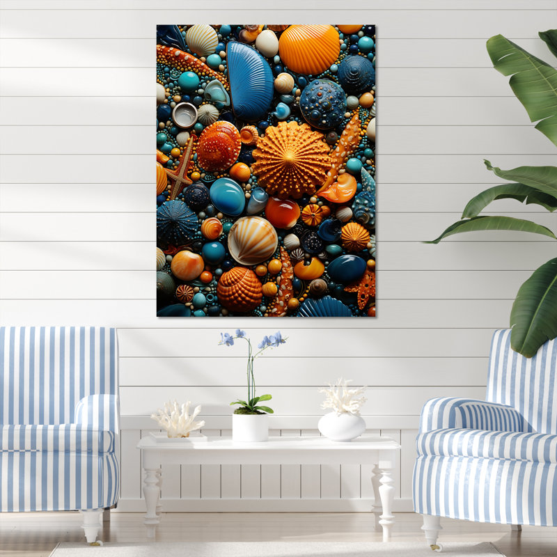 Jaune et bleu coquillage symphonie II - art mural côtier tropical, H 44 po x l 34 po x P 1,5 po, Toile tendue