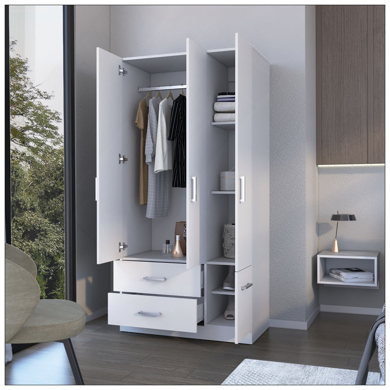 Armoire Douglas en mélamine, deux tiroirs, tringle suspendue et 4 portes., Blanc