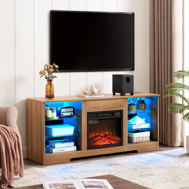 Meuble télé avec foyer électrique Abertamy, H 15,7 po x L 59,06 po x l 24,95 po, Chêne