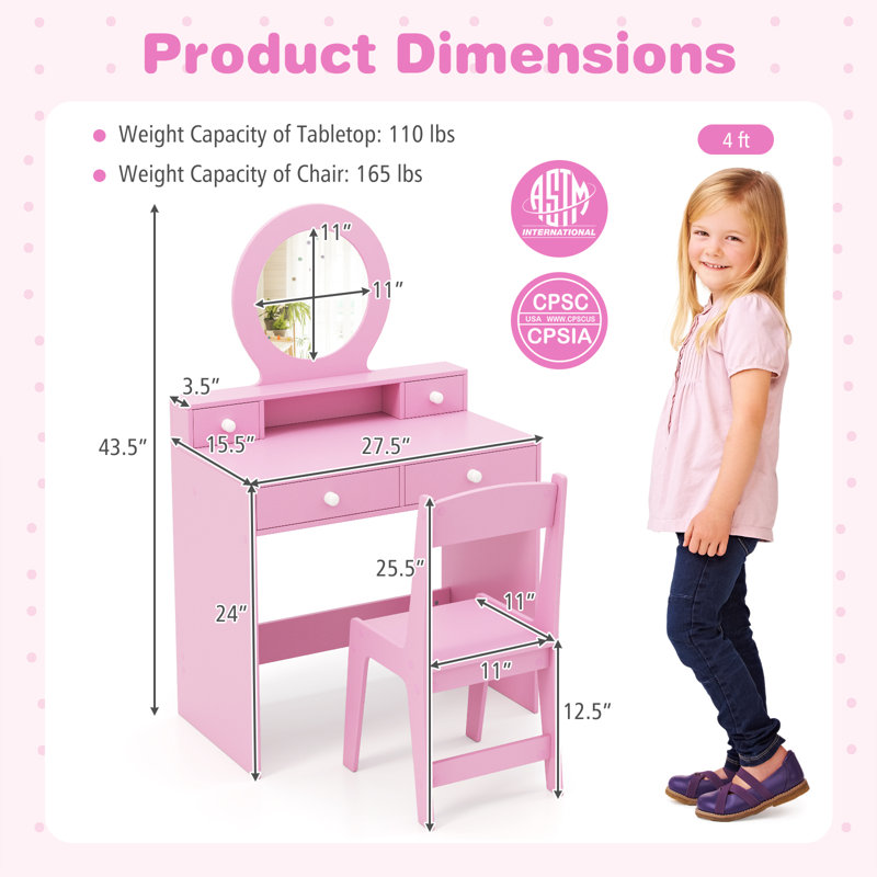 Kids Vanity Set Princess Pretend Play Vanity Table With Chair & Mirror & 4 Drawers, Pink