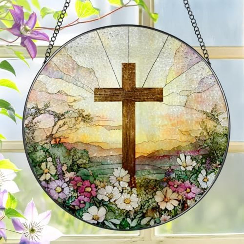 Vitrail suspendu en forme de croix de 8 pouces et fleurs sauvages Suncatcher Christian