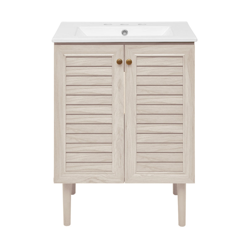 Meuble-lavabo autoportant 24 po en chêne blanc avec comptoir à 3 trous Bron, Chêne blanc, Blanc, 8 po