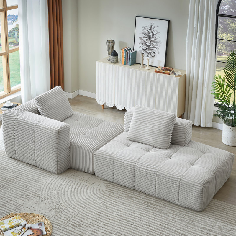 Canapé modulaire en L compressé en forme de L, canapé modulaire en nuage avec méridienne, 3 canapés surdimensionnés pour le salon, tissu velours côtelé doux, coussins à ressorts confortables, design minimaliste, gris, utilisation instantanée