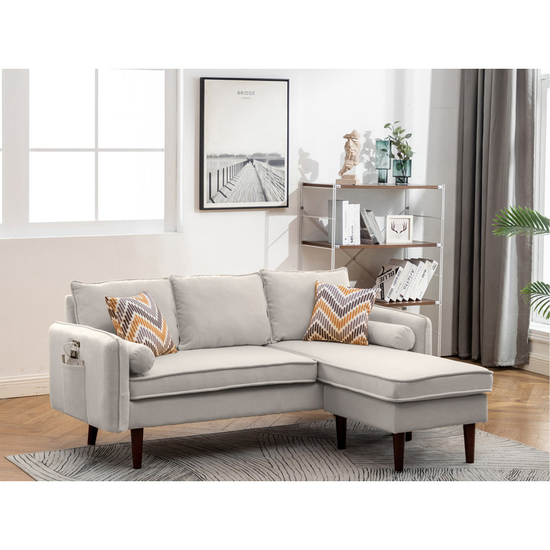 Gouvernour L Shaped Sectional Sofa Chaise with USB Charger & Pillows, Right Hand Facing, 100% Linen, Green 100% Linen