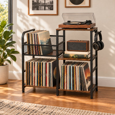 Support pour platine vinyle avec rangement pour jusqu'à 300 disques, présentoir à disques, étagère pour haut-parleur et crochet pour casque, brun rustique