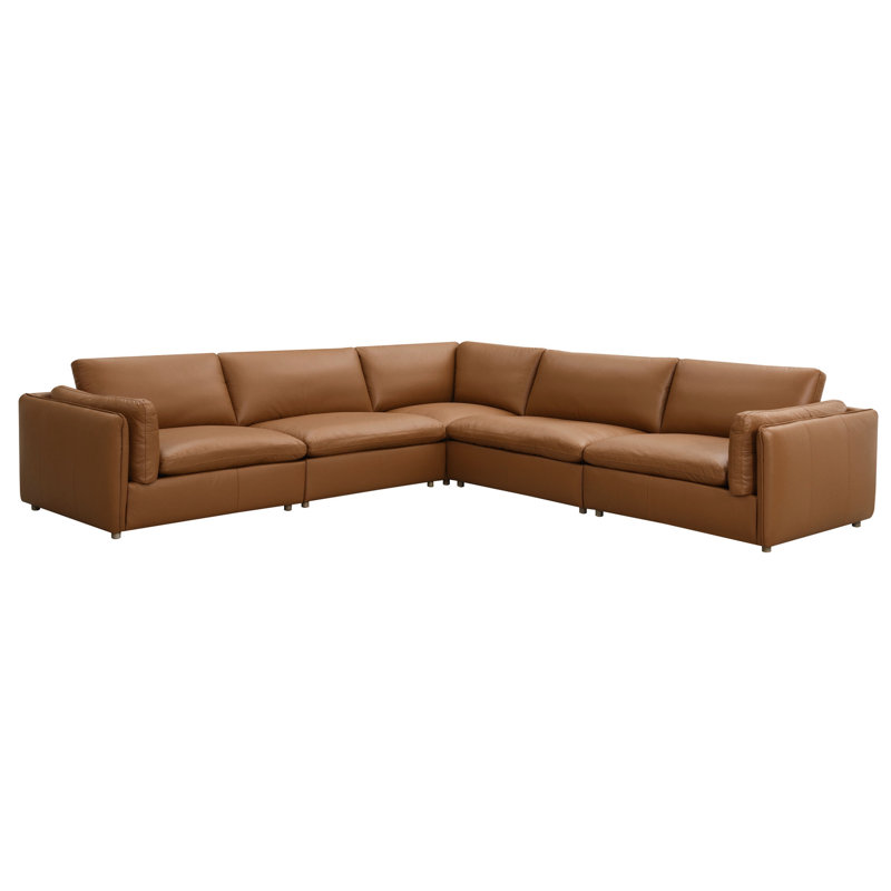 Canapé modulaire en cuir brun - 5 pièces, magnétisme contemporain, 4 sièges, moelleux à fermeté moyenne, rembourrage en mousse