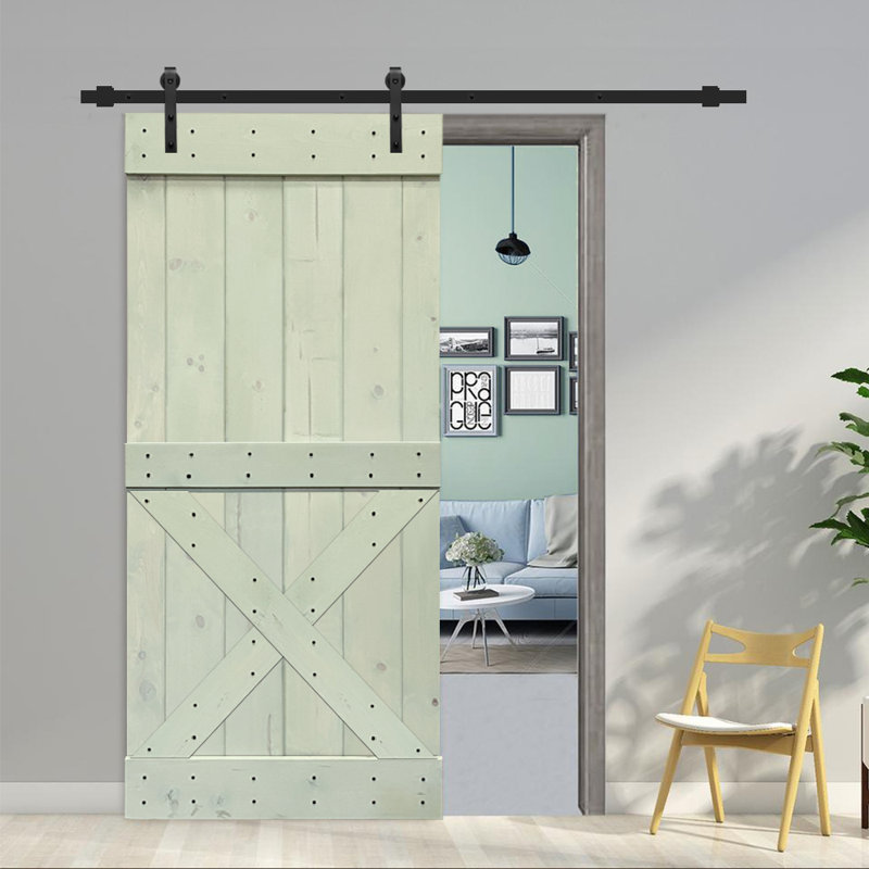 Porte de grange teintée en bois et métal avec ensemble de quincaillerie d’installation, Vert sauge
