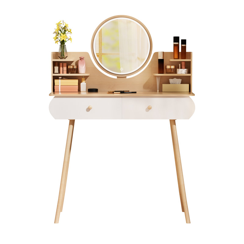 Bureau de coiffeuse avec miroir et lumières, petite coiffeuse de maquillage avec 2 tiroirs et armoire de rangement pour bijoux, 3 modes d'éclairage à luminosité réglable, coiffeuse pour chambre à coucher - chêne naturel