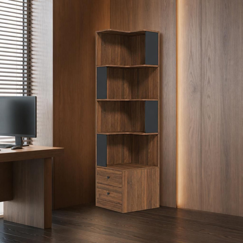 Bibliothèque de coin autoportante en forme de L à 4 niveaux avec tiroirs, barrières de sécurité et lumières à DEL intégrées, support de rangement ouvert polyvalent