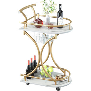 Erving With Wheels Handle Rolling Home Bar Serving Carts 2 Tier Curved Anti-Collision Storage Small Trolley With Wine Rack And Glass Holder For Kitchen Dining Room Living Room