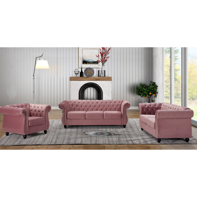 Chesterfield 3-Piece Crushed Velvet Living Room Set, 3-Seater Sofa & 2-Seater Loveseat & Single  Chair, Button Tufted Design with Rolled Arms, Wood Tapered Feet, High Density Foam