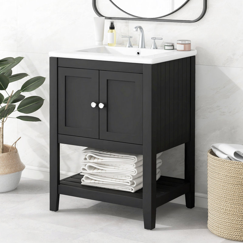 Lavabo de salle de bain moderne élégant en céramique avec tablette ouverte en bois massif, Noir