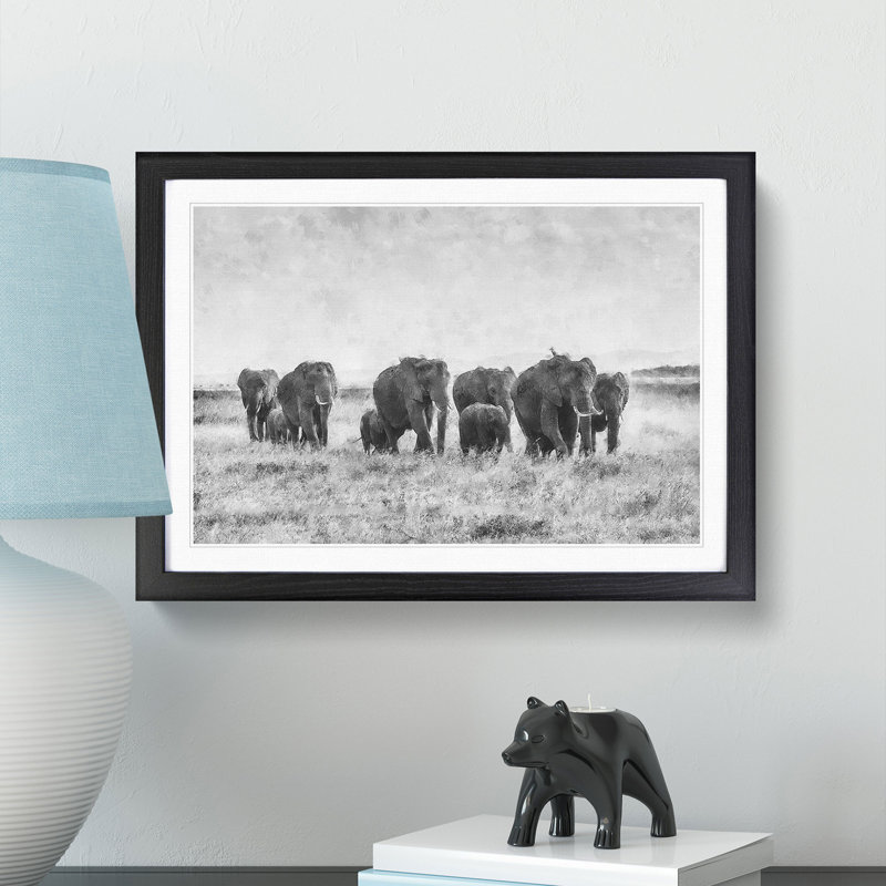 Herd of Elephants Roaming - Framed Print, 33cm H x 45cm W x 2cm D, Black Framed