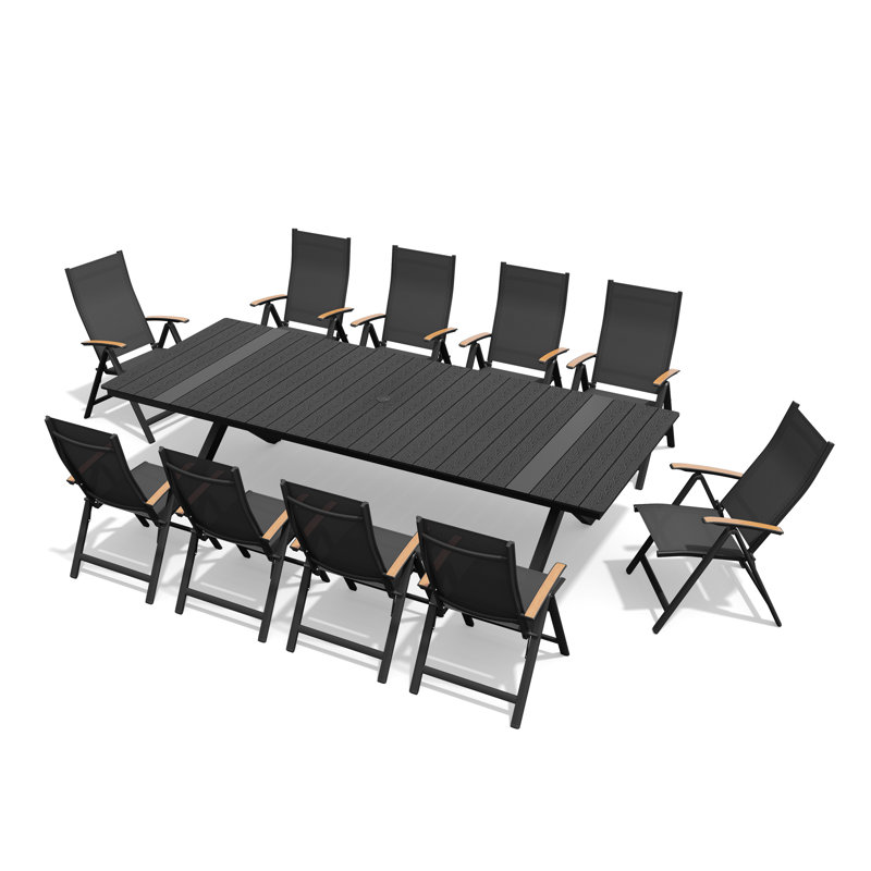 10-Person Aluminum Outdoor Dining Set With Folded Reclining Chairs And Umbrella Hole, Black