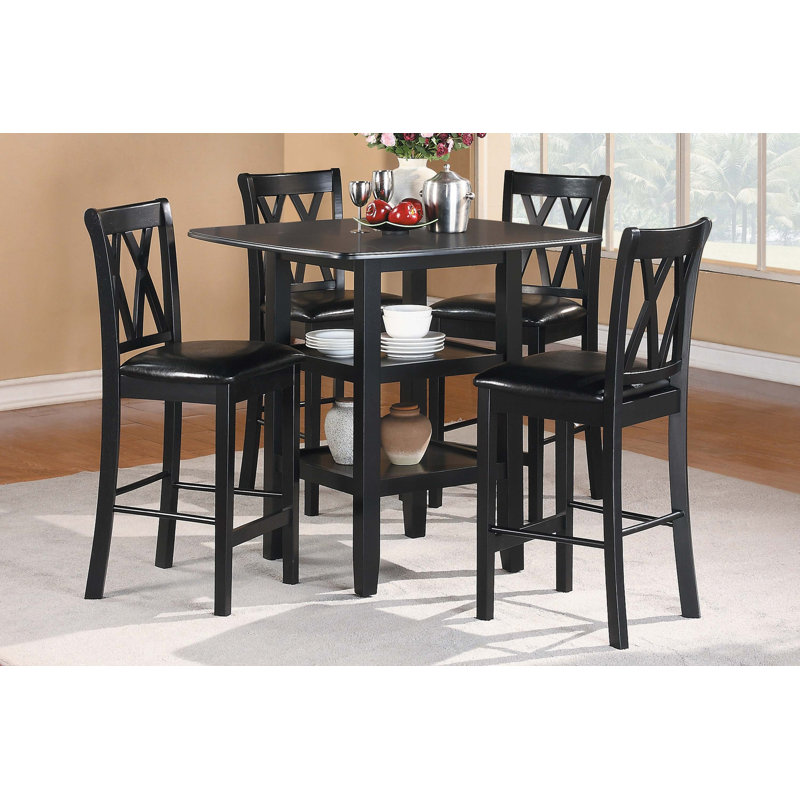 Ensemble de table de salle à manger à hauteur de comptoir 5 pièces avec tablettes inférieures et 4 chaises en similicuir