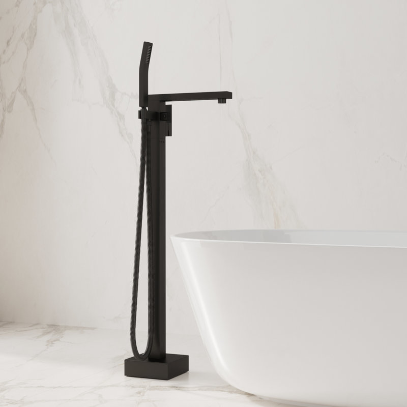 Matte Black, Floor Mounted Bathroom Tub Faucet, Hand Shower, Lead - Brass, Precise Temperature Mixing, 360 Rotating Splash Spout Filler Solid Brass Build, Dual Ceramic Disc Valves, With Silent Water