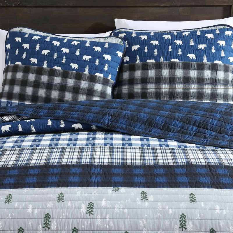 Shasta Lake Eddie Bauer Blue Creek Plaid Cotton Reversible Quilt Set, Twin Quilt + 1 Sham