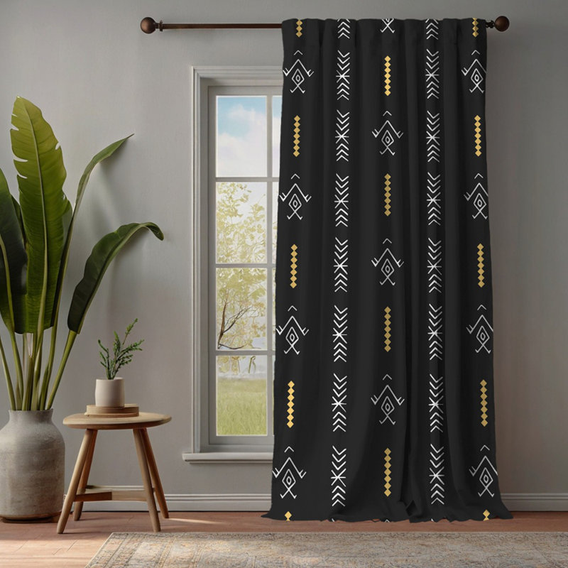 Boho Pattern Lined Single Panel Curtain, 140cm Width x 175cm Drop, Black