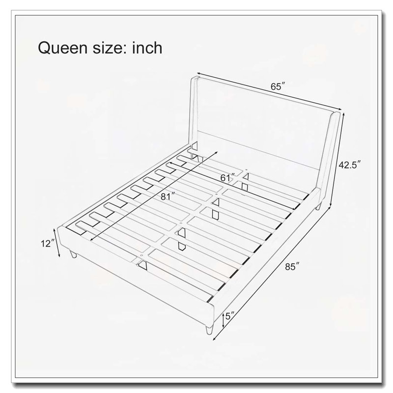 Lit plateforme tapissier avec tête de lit à oreilles, pieds en bois, aucun sommier requis, Ivoire ivoire, Grand lit