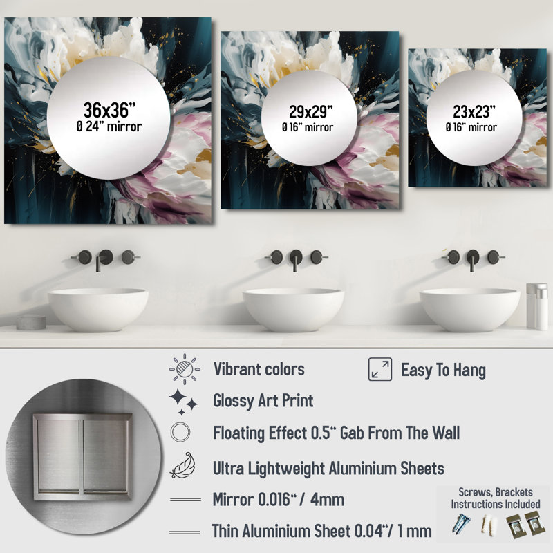 Minony - Miroir floral pivoine carré pour décoration murale, 23 po x 23 po