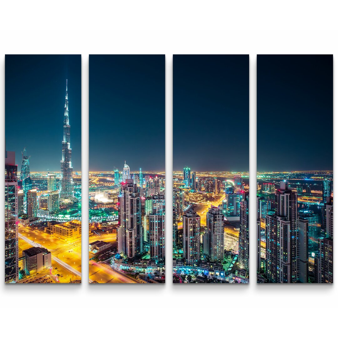 4-tlg. Leinwandbilder-Set Skyline bei Nacht Dubai - UAE