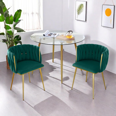 Ensemble de 2 chaises de salle à manger en velours moderne avec dossier tissé et pieds en métal doré pour meuble-lavabo de cuisine