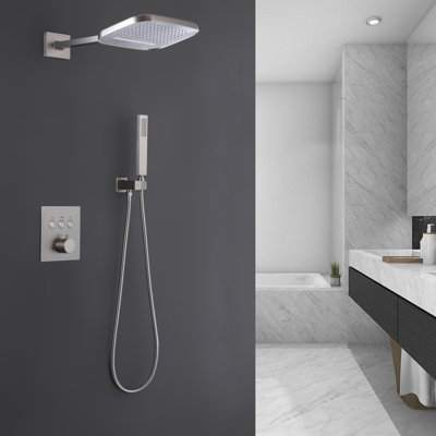 Brushed Nickel Thermostatic Rain Shower System – 3-Function Wall Mount Shower Faucet Set with Waterfall & Handheld, Rough-in Valve Included