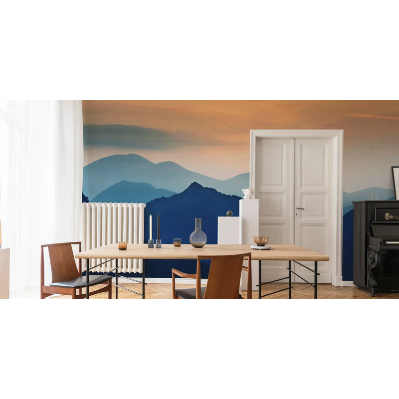 Sunset Mountain Wall Mural Blue Mist Wallpaper, 37" L x 56" W