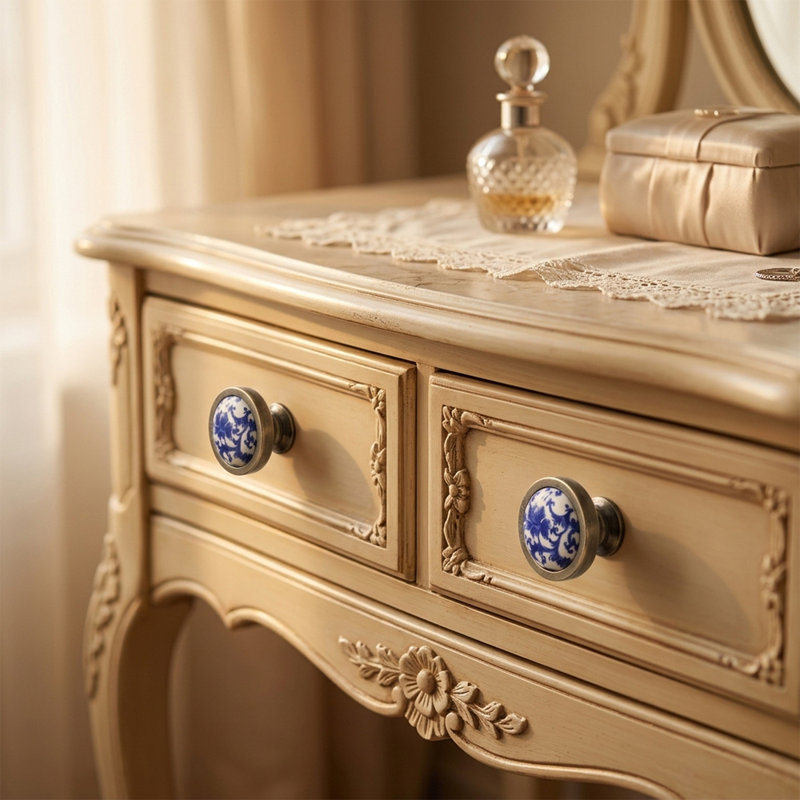 Poignées d'armoire et de tiroir, poignées en céramique de porcelaine, boutons ronds, bleu et blanc
