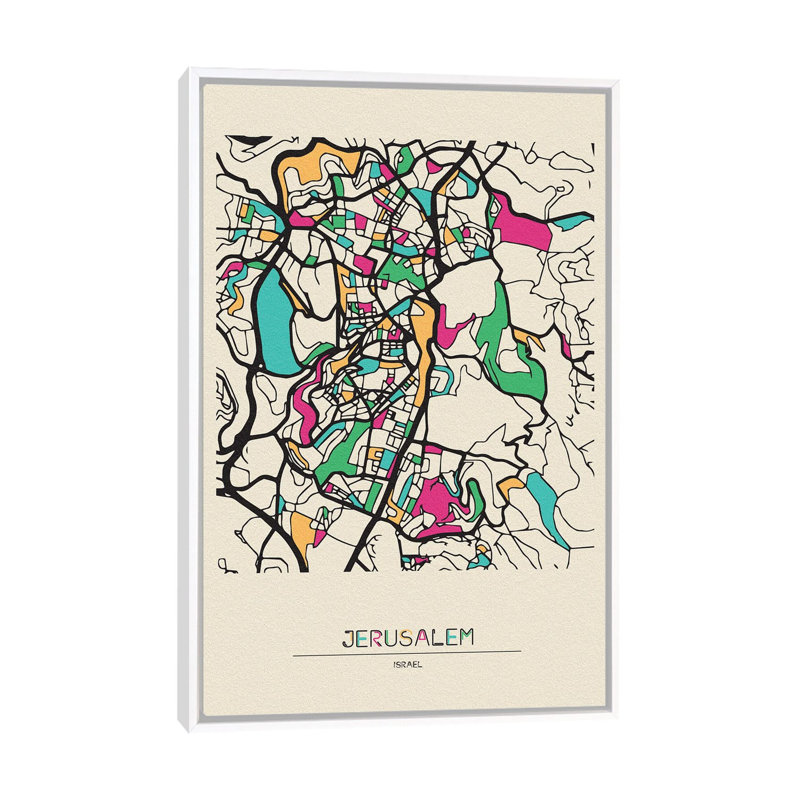 Jerusalem, Israel Map by Ayse Deniz Akerman - Floater Frame Print on Canvas, White Floater Frame, 66.04 cm H x 45.72 cm W