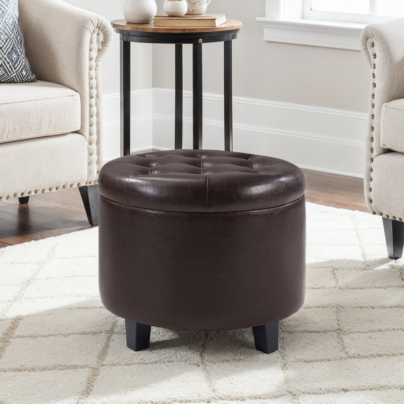 Amable 19.75" W Leather Round Storage Ottoman, Espresso Faux Leather