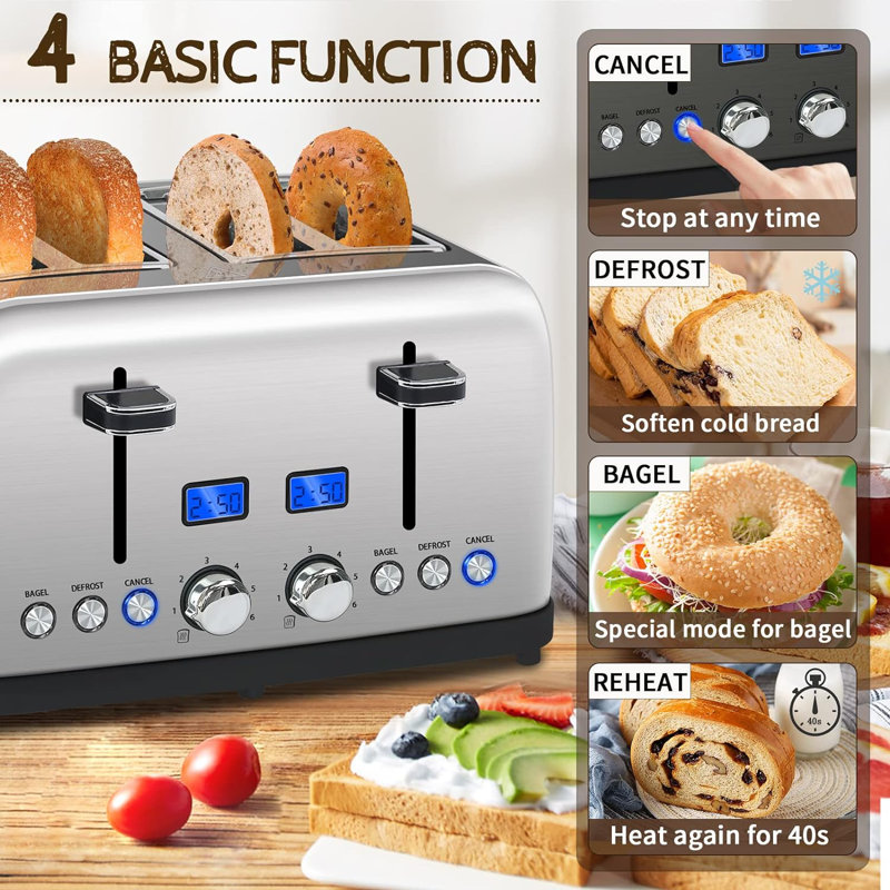 Toaster 4 Slice, LCD Display, 6 Shade Settings, 1.5'' Wide Slots Toaster,1500W, Silver