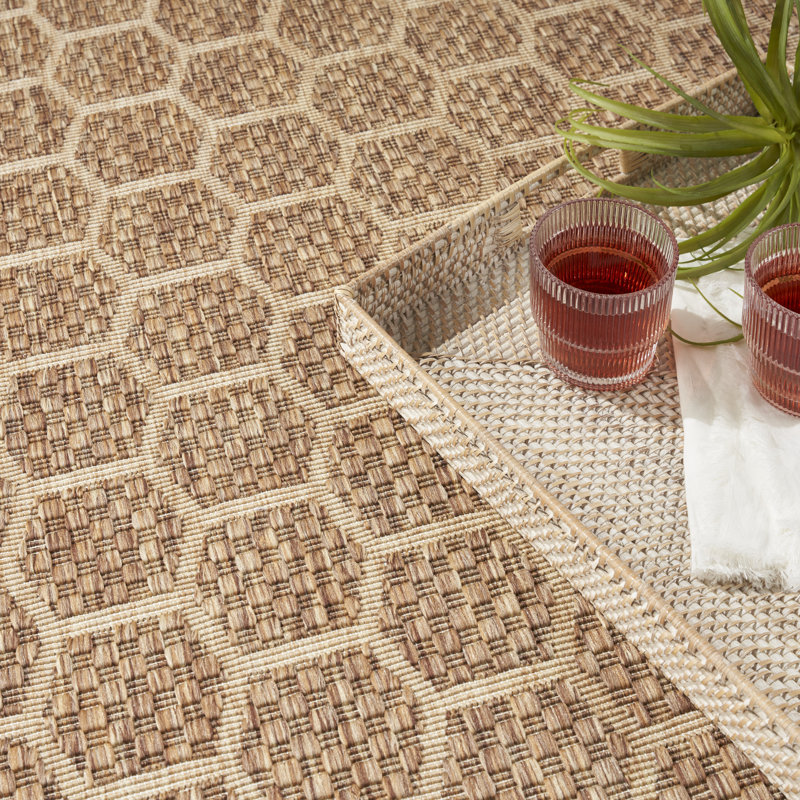 Koebe Geometric Reversible Indoor / Outdoor Area Rug in Tan, Rectangle 4' x 6'