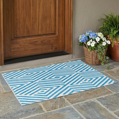 Tapis extérieur antidérapant lavable antidérapant 3 pi x 5 pi bleu sarcelle et blanc