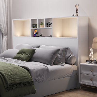 Modern Wooden Bookcase Headboard with Adjustable LED Lights and Charging Station – Available in Queen & King Sizes