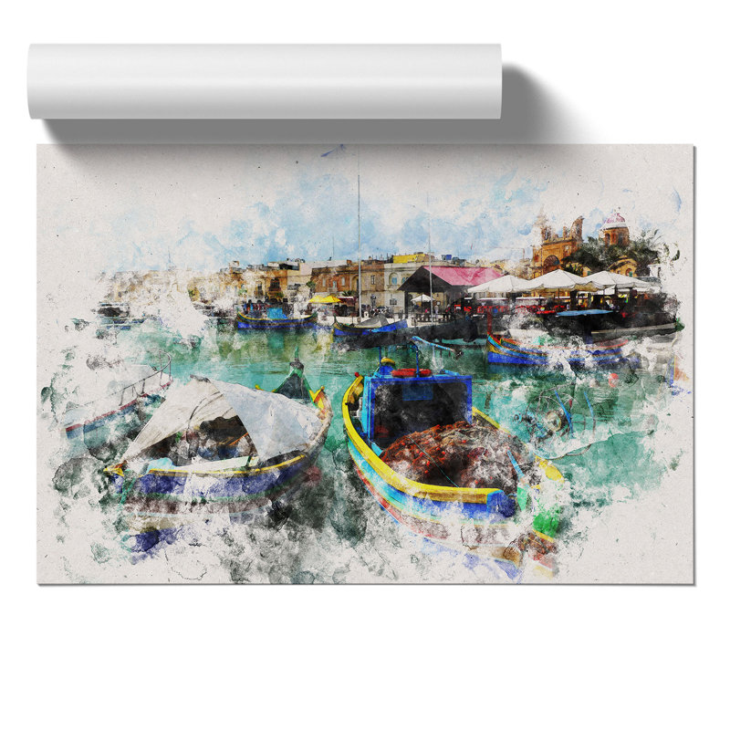 Fishing Boats In Malta Watercolour - No Frame Print, 21cm H x 30cm W x 0.1cm D
