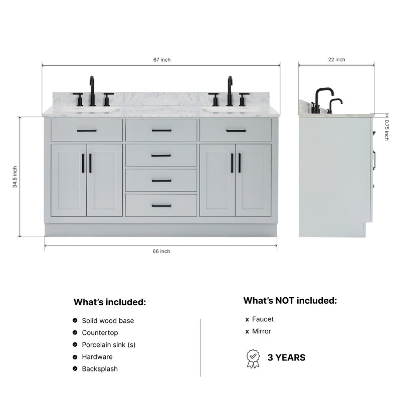 ARIEL HEPBURN 73 IN DOUBLE RECTANGLE SINK VANITY 1,5 IN, Rectangular, Gray, 67"