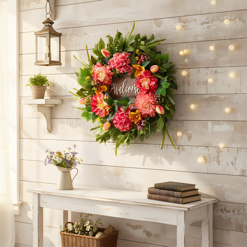 Couronne de porte d'entrée 15,7 pouces avec panneau de bienvenue, couronne artificielle d'été, pivoines roses et dahlias