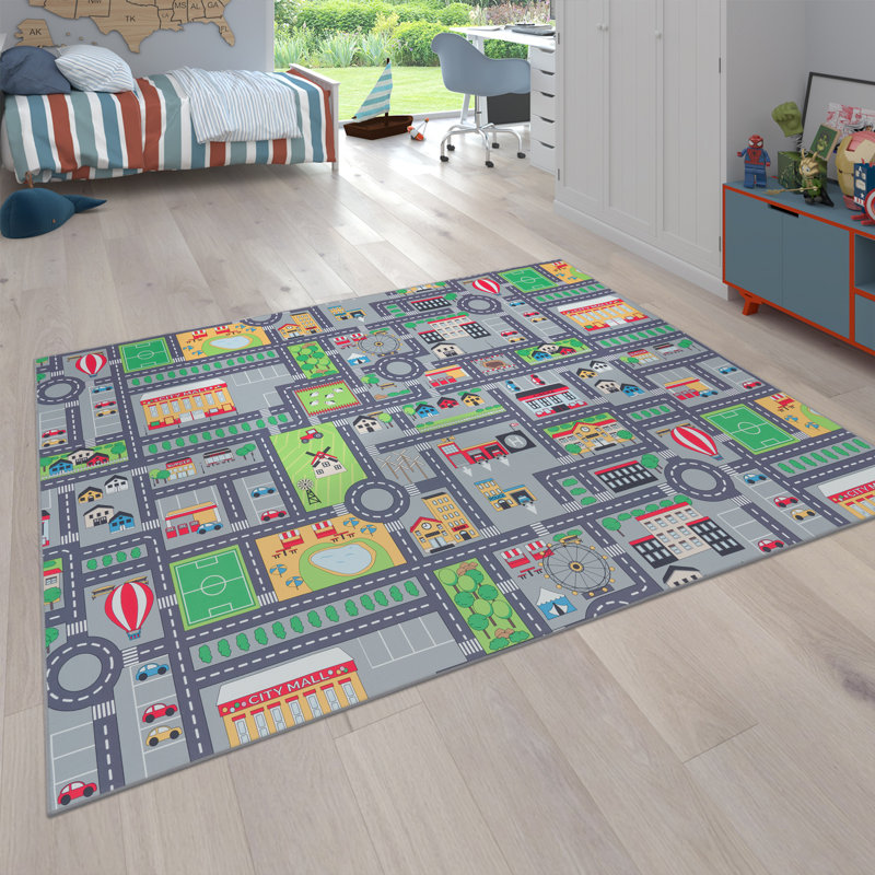 Jacobsen Kids Street with Car Motif Power Loom Grey/Green/Yellow Rug, Rectangle 140cm x 200cm