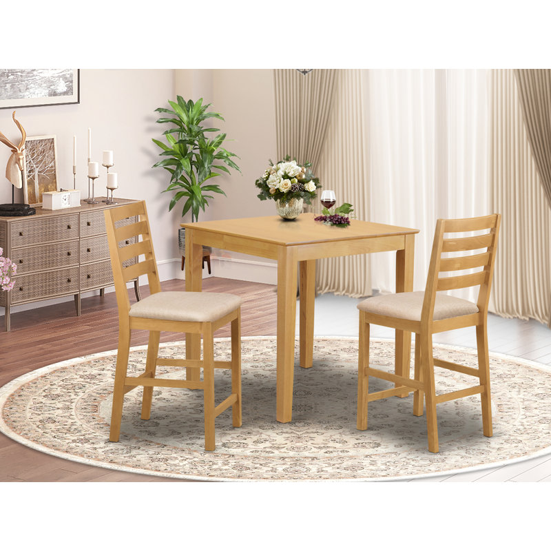 3 Piece Counter Height Pub Set for Small Spaces Contains a Square Kitchen Table and 2 Linen Fabric Dining Room Chairs, Oak