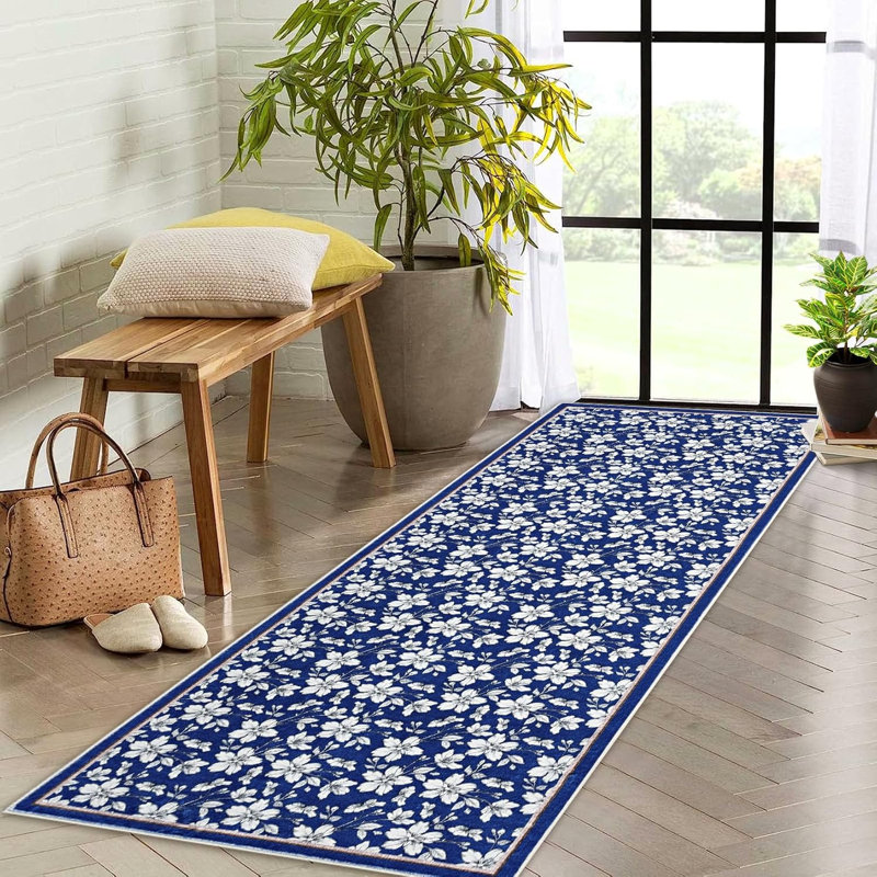 2x6 Washable Boho Floral Runner, Non-Slip, Low Pile, Soft Throw Rug for Entryway, Kitchen, Kids Room, Beige, Green, Blue, Small Machine Washable.