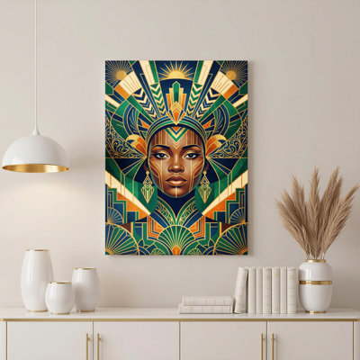 Art Deco African Woman Canvas Wrapped Wall Art Oil Painting Print Set Of 1