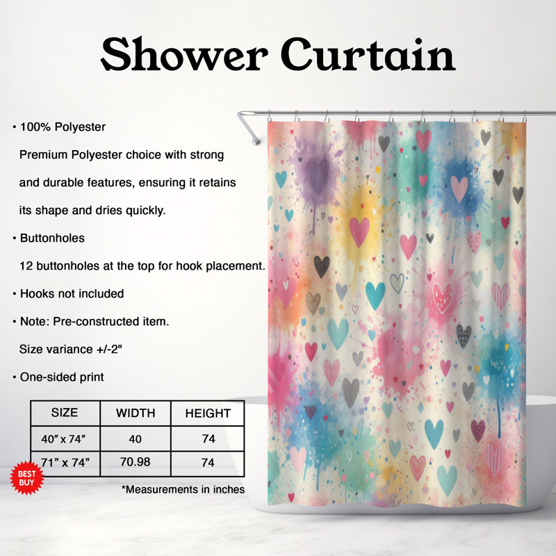 Heart Splash Patterns - Rideau de douche standard 1 pièce, H 74 po x l 40 po