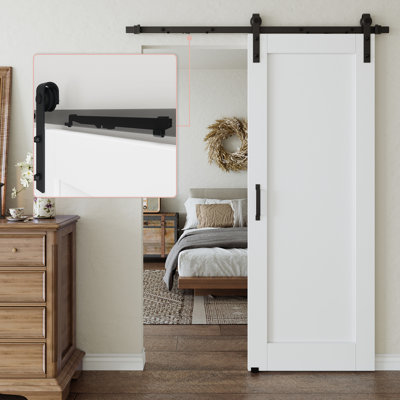 84"H X 32"W Solid Manufactured Wood Panel White Primed Sliding Barn Door With Installation Hardware Kit (No Assembly Required & Soft Close Included)