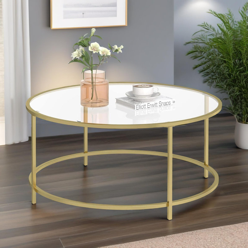 Gold Glass Round Coffee Table Modern Living Room Home Furniture Metal Frame