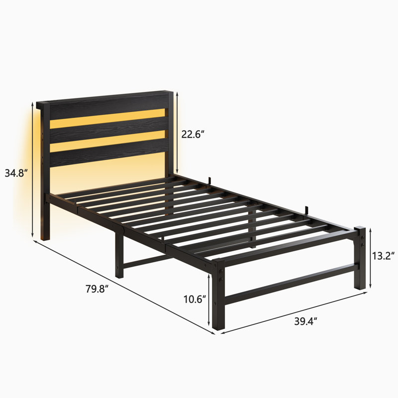 Twin Size Heavy Duty Platform Bed Frame with Headboard, USB Charging & LED Lights, Steel Slats, Black, Twin, Black