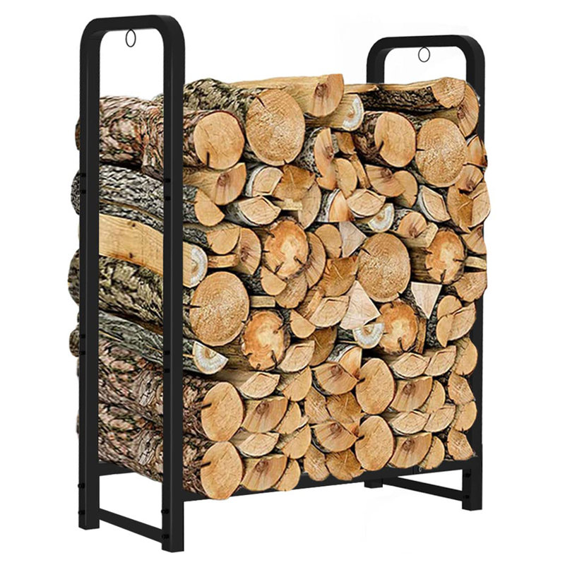 2ft Heavy Duty Firewood Rack Stand, Matte Black Metal Log Holder for Indoor & Outdoor Fireplace