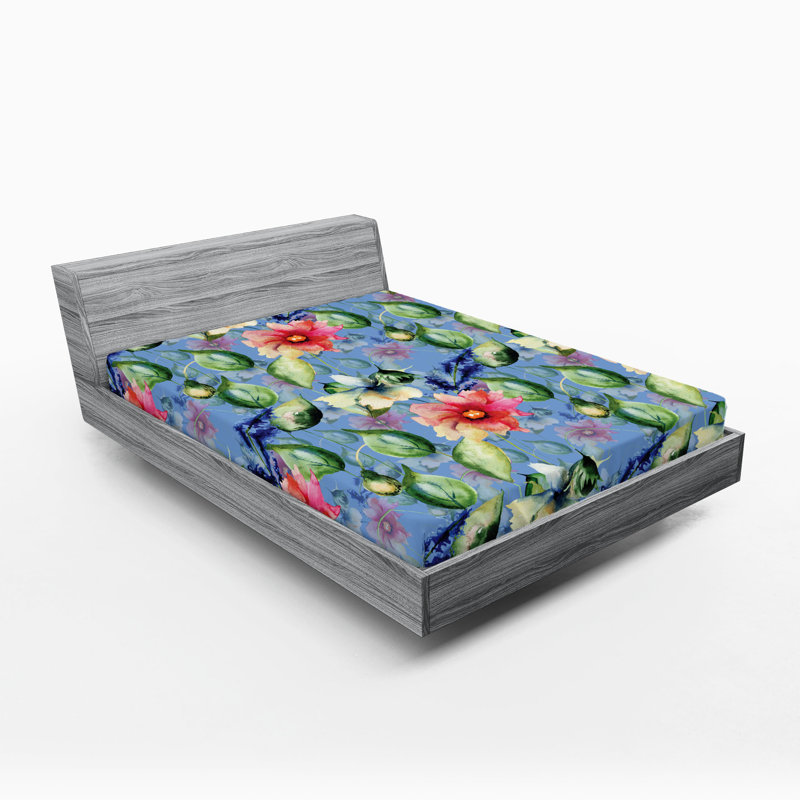 Drap-housse à motif floral Ambesonne, Drap-housse de taille très grand, Bleu ciel, rose foncé, vert / floral