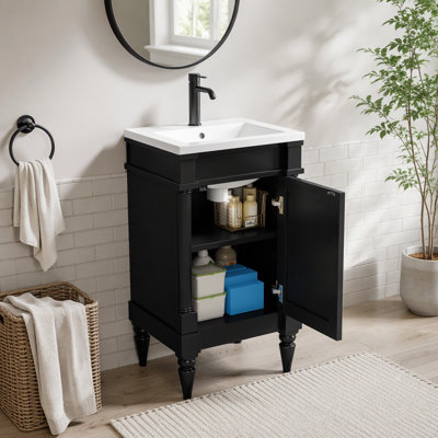Meuble-lavabo moderne de 18 pouces avec lavabo, meuble de rangement moderne avec porte, meuble de salle de bain autoportant pour petit espace, meuble-lavabo simple avec tablette réglable, noir