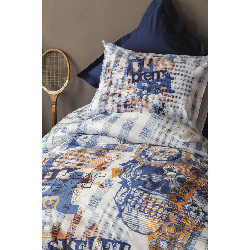 Ensemble de housse de couette 100% coton 3 pièces bleu / brun / blanc Scheer